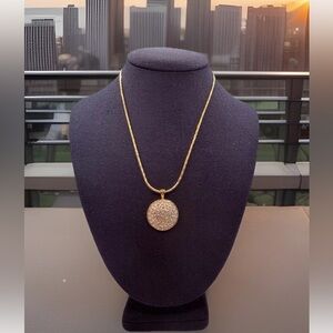 Vintage Retro Round Pave Pendant Necklace Sparkling Chain Goldtone 17”